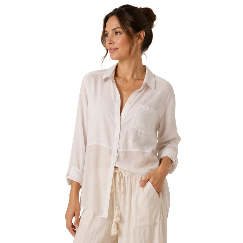 Free People Top Womens Medium Cream Mixed Media Sheer‎ Panel Button Down Blouse